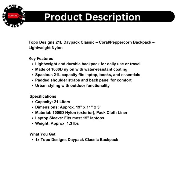 Topo Designs 21L Daypack Classic – Coral/Peppercorn Backpack – Lightweight Nylon - Picture 2 of 7